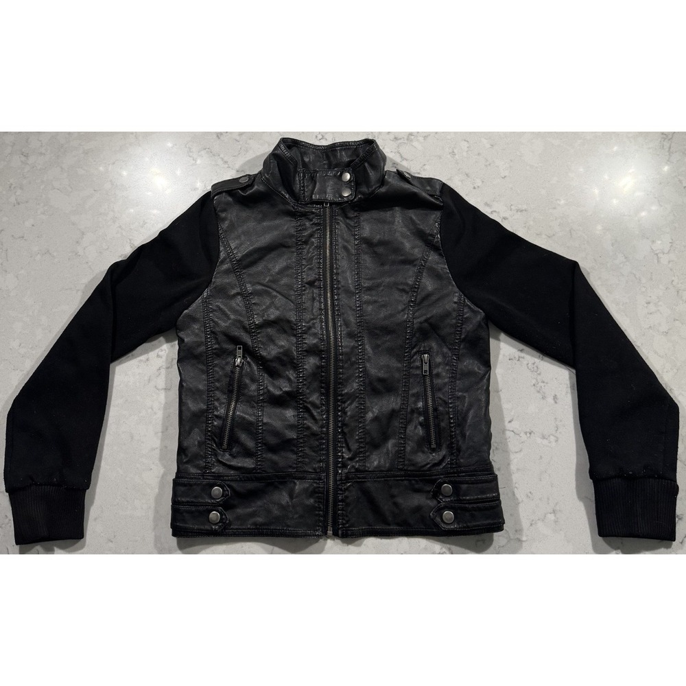 Forever 21 Moto Jacket Womens Medium Black Faux Leather Knit Sleeves Full Zip